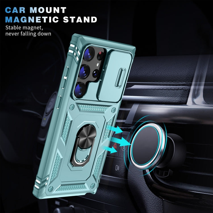 For Samsung Galaxy S24 Ultra 5G Sliding Camshield TPU + PC Phone Case with Holder(Green)