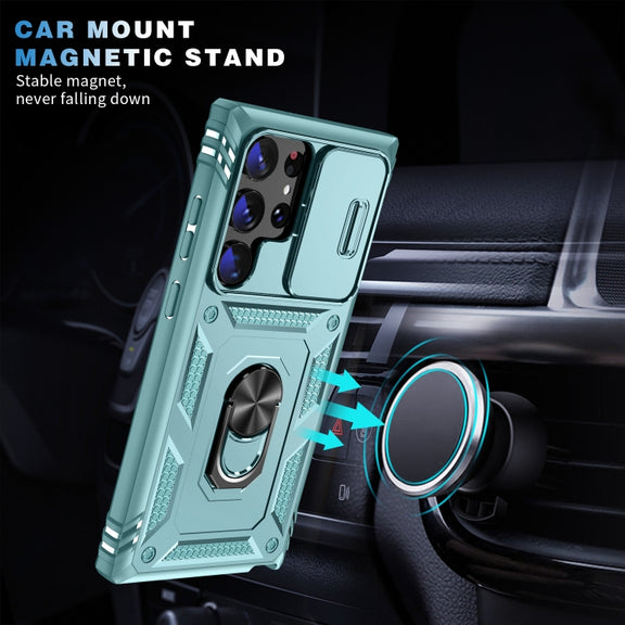 For Samsung Galaxy S24 Ultra 5G Sliding Camshield TPU + PC Phone Case with Holder(Green)