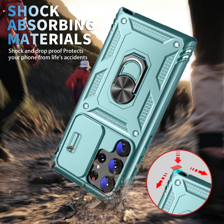 For Samsung Galaxy S24 Ultra 5G Sliding Camshield TPU + PC Phone Case with Holder(Green)