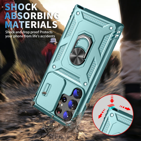 For Samsung Galaxy S24 Ultra 5G Sliding Camshield TPU + PC Phone Case with Holder(Green)