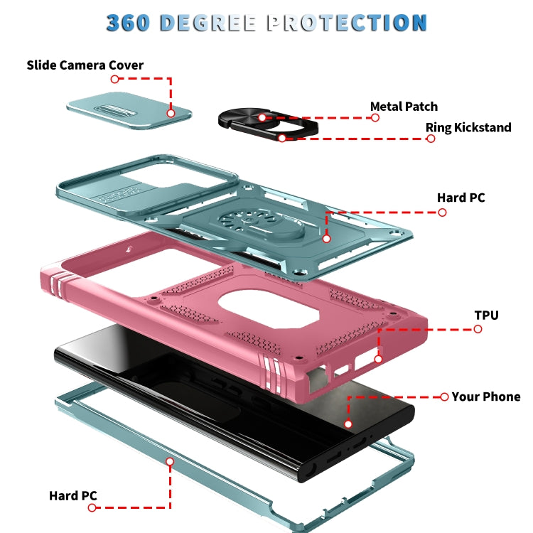 For Samsung Galaxy S24 Ultra 5G Sliding Camshield TPU + PC Phone Case with Holder(Green+Pink)