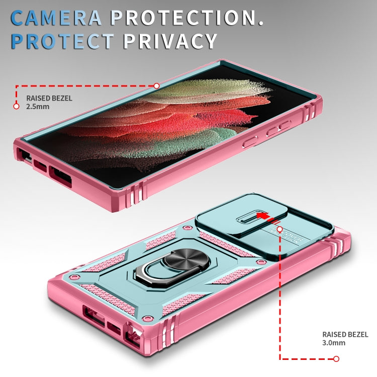 For Samsung Galaxy S24 Ultra 5G Sliding Camshield TPU + PC Phone Case with Holder(Green+Pink)