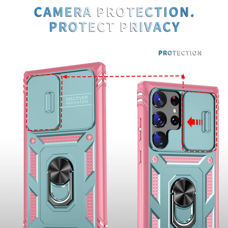 For Samsung Galaxy S24 Ultra 5G Sliding Camshield TPU + PC Phone Case with Holder(Green+Pink)
