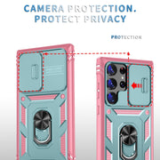 For Samsung Galaxy S24 Ultra 5G Sliding Camshield TPU + PC Phone Case with Holder(Green+Pink)