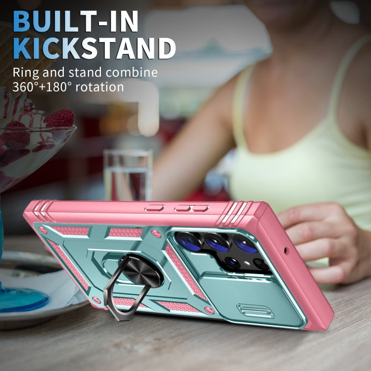 For Samsung Galaxy S24 Ultra 5G Sliding Camshield TPU + PC Phone Case with Holder(Green+Pink)