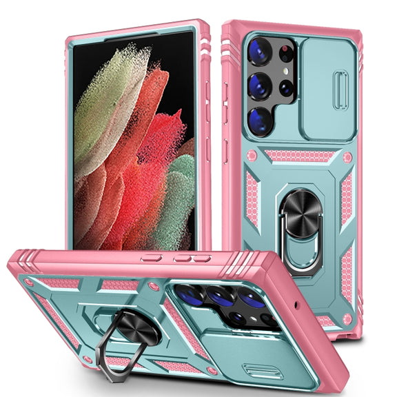 For Samsung Galaxy S24 Ultra 5G Sliding Camshield TPU + PC Phone Case with Holder(Green+Pink)