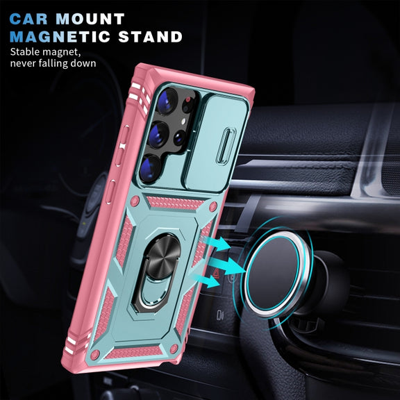 For Samsung Galaxy S24 Ultra 5G Sliding Camshield TPU + PC Phone Case with Holder(Green+Pink)