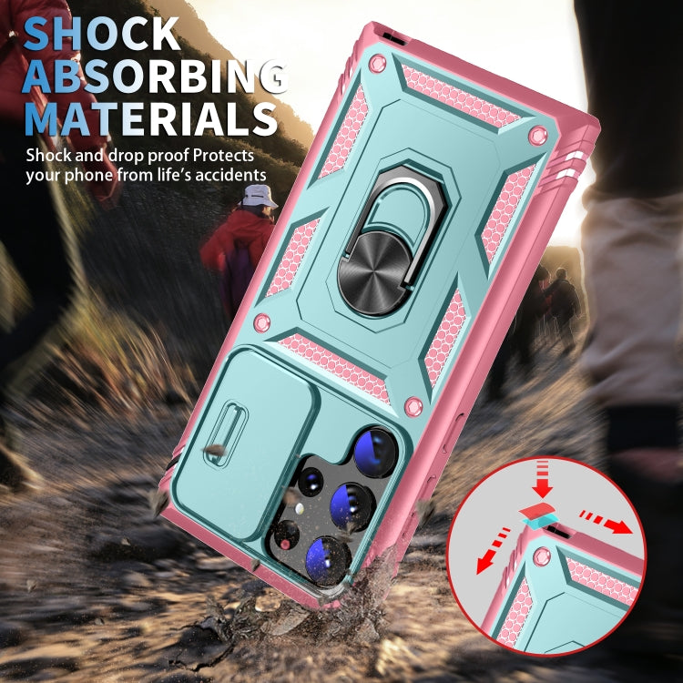 For Samsung Galaxy S24 Ultra 5G Sliding Camshield TPU + PC Phone Case with Holder(Green+Pink)