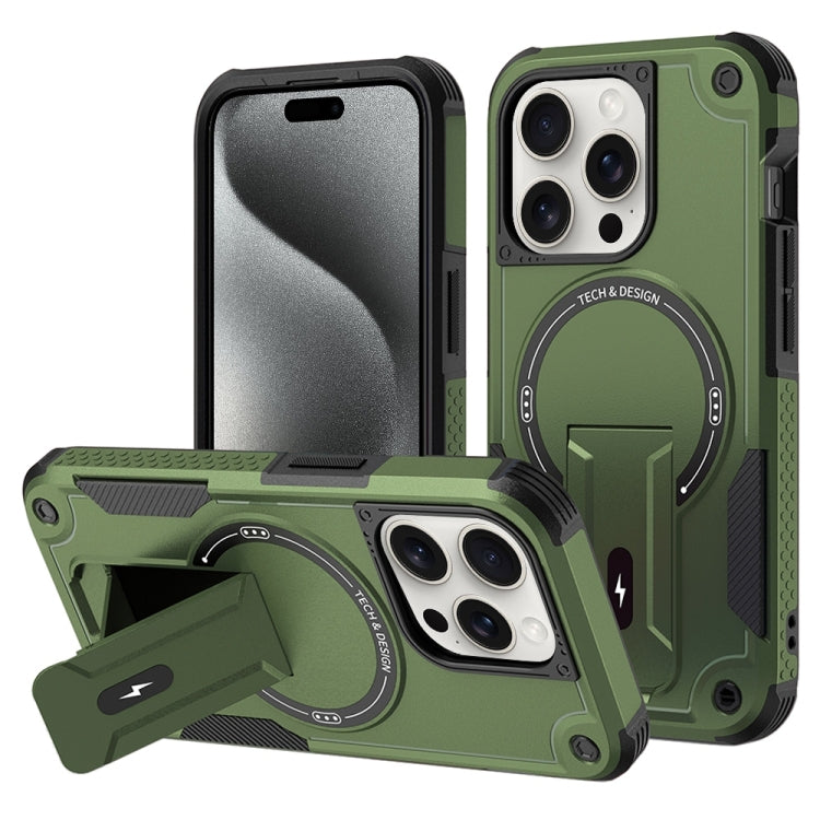 For iPhone 15 Pro MagSafe Holder Armor PC Hybrid TPU Phone Case(Army Green)
