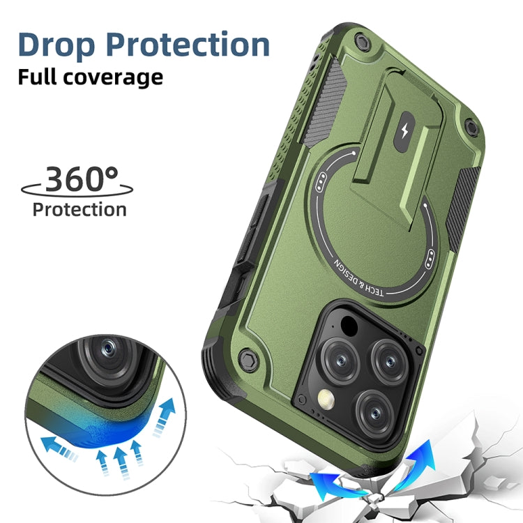 For iPhone 15 Pro MagSafe Holder Armor PC Hybrid TPU Phone Case(Army Green)