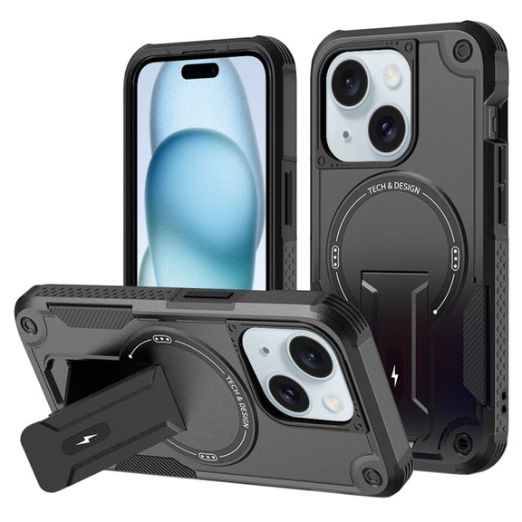 For iPhone 15 Plus MagSafe Holder Armor PC Hybrid TPU Phone Case(Black)