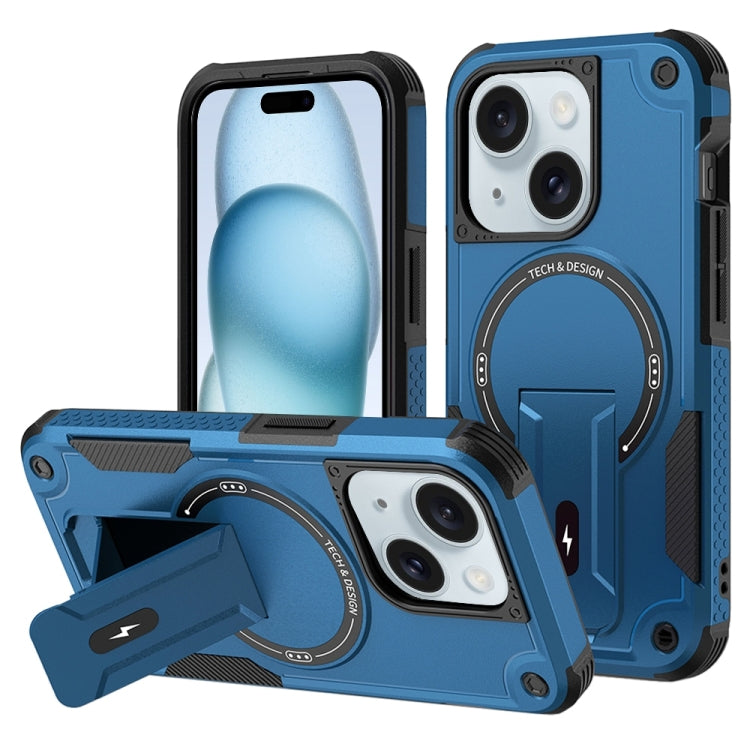For iPhone 15 MagSafe Holder Armor PC Hybrid TPU Phone Case(Dark Blue)