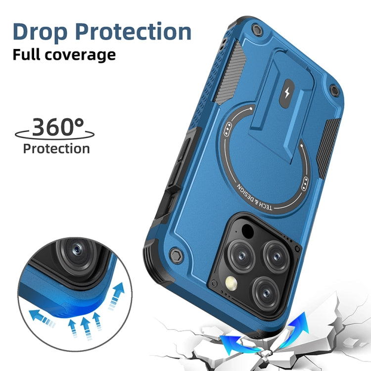 For iPhone 15 MagSafe Holder Armor PC Hybrid TPU Phone Case(Dark Blue)