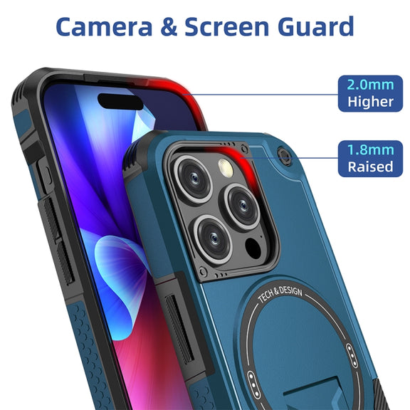For iPhone 15 MagSafe Holder Armor PC Hybrid TPU Phone Case(Dark Blue)