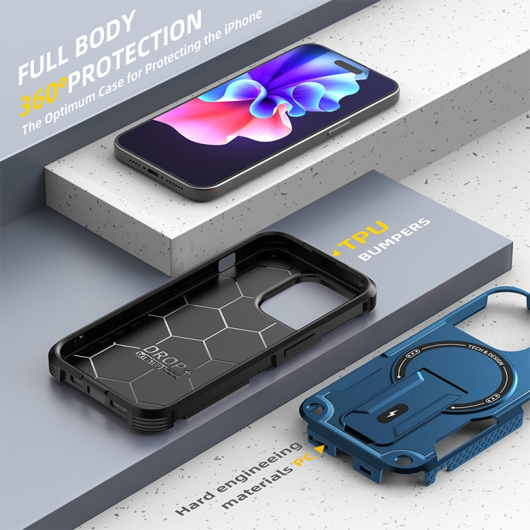 For iPhone 15 MagSafe Holder Armor PC Hybrid TPU Phone Case(Dark Blue)