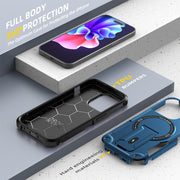 For iPhone 15 MagSafe Holder Armor PC Hybrid TPU Phone Case(Dark Blue)