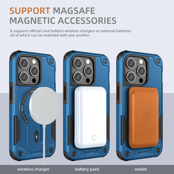 For iPhone 15 MagSafe Holder Armor PC Hybrid TPU Phone Case(Dark Blue)
