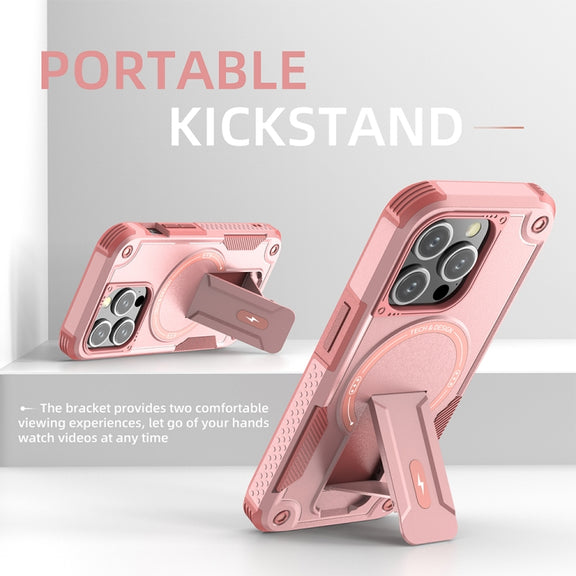 For iPhone 14 Plus MagSafe Holder Armor PC Hybrid TPU Phone Case(Pink)