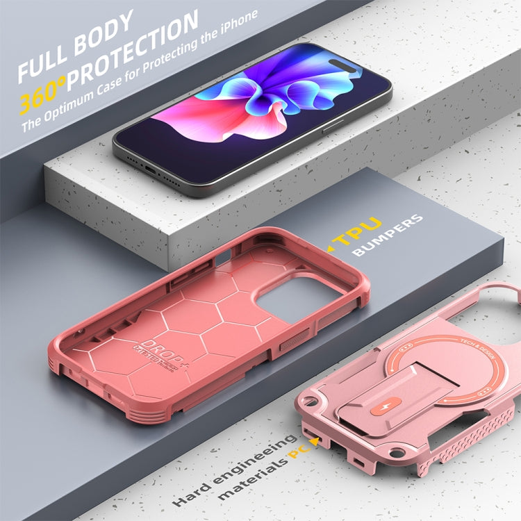For iPhone 14 Plus MagSafe Holder Armor PC Hybrid TPU Phone Case(Pink)