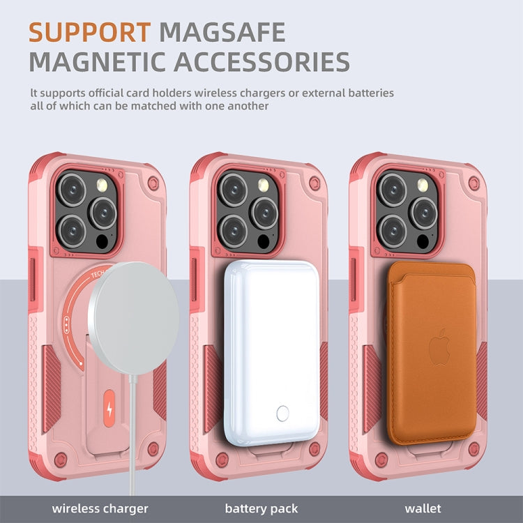 For iPhone 14 Plus MagSafe Holder Armor PC Hybrid TPU Phone Case(Pink)