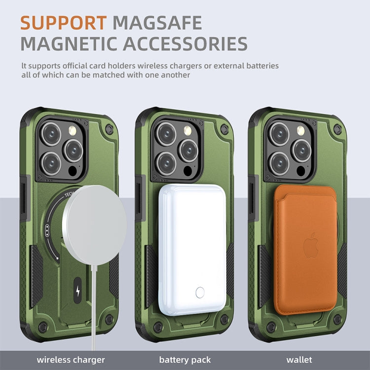 For iPhone 14 MagSafe Holder Armor PC Hybrid TPU Phone Case(Army Green)