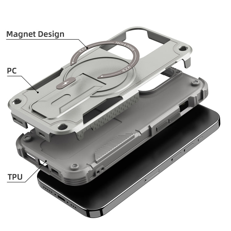 For iPhone 14 Pro Max Armor Magsafe Holder PC Hybrid TPU Phone Case(Grey)