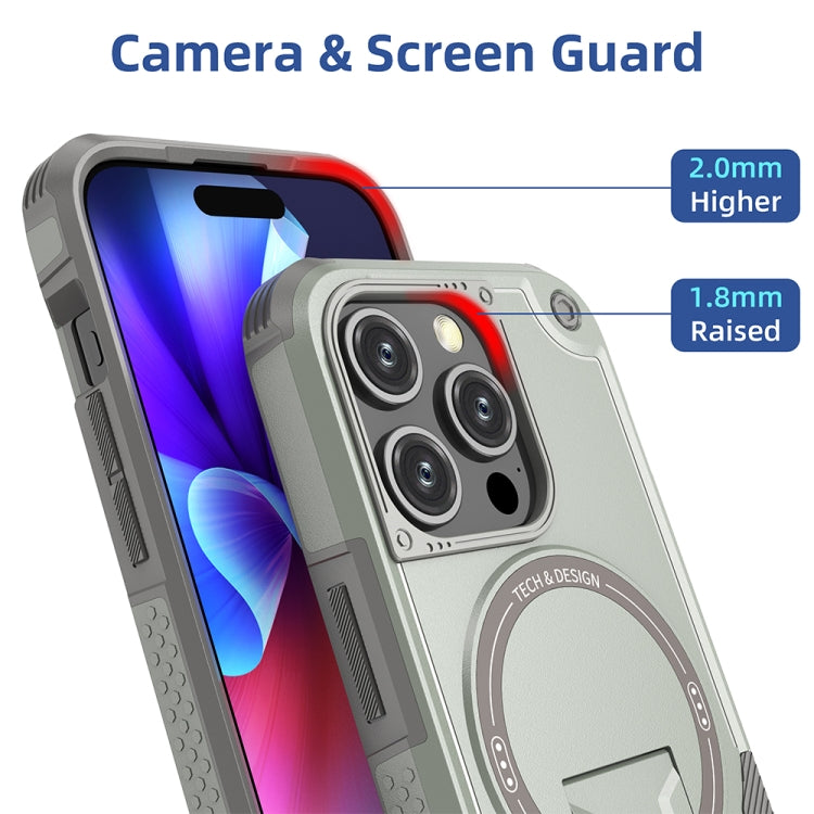 For iPhone 14 Pro Max Armor Magsafe Holder PC Hybrid TPU Phone Case(Grey)