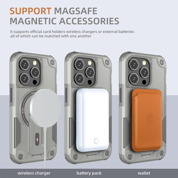 For iPhone 13 Pro MagSafe Holder Armor PC Hybrid TPU Phone Case(Grey)