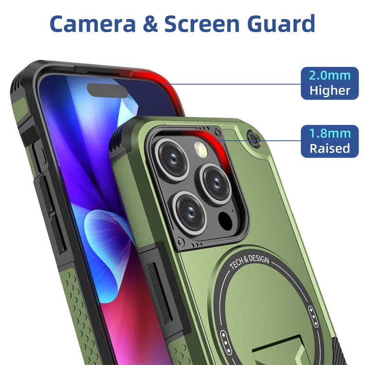 For iPhone 13 MagSafe Holder Armor PC Hybrid TPU Phone Case(Army Green)