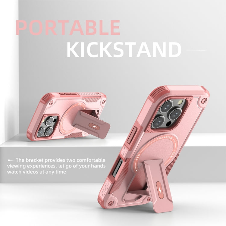 For iPhone 16 Pro Armor Magsafe Holder PC Hybrid TPU Phone Case(Pink)