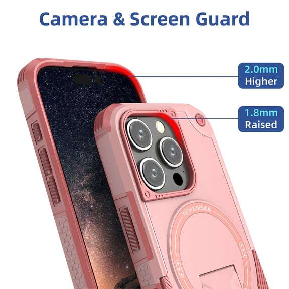 For iPhone 16 Pro Armor Magsafe Holder PC Hybrid TPU Phone Case(Pink)