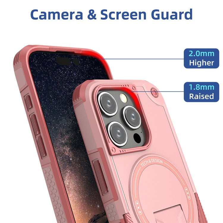 For iPhone 16 Pro Armor Magsafe Holder PC Hybrid TPU Phone Case(Pink)