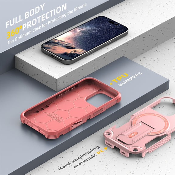 For iPhone 16 Pro Armor Magsafe Holder PC Hybrid TPU Phone Case(Pink)
