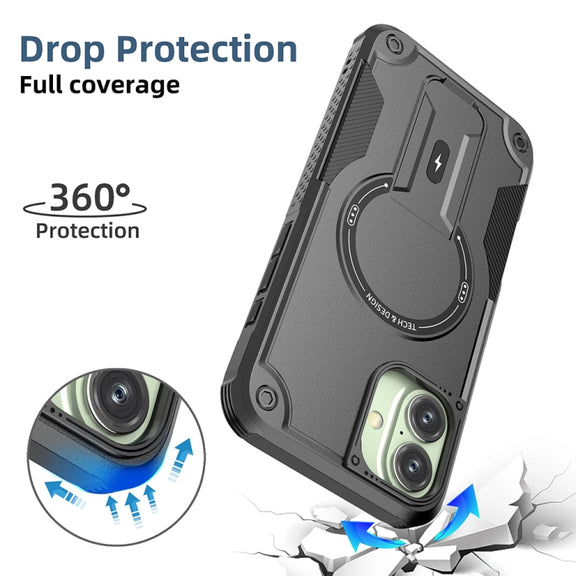 For iPhone 16 Plus Armor Magsafe Holder PC Hybrid TPU Phone Case(Black)