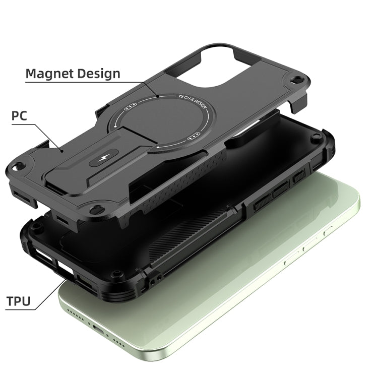For iPhone 16 Plus Armor Magsafe Holder PC Hybrid TPU Phone Case(Black)
