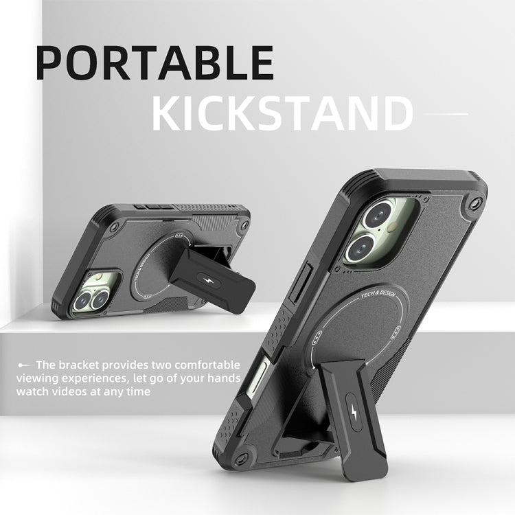 For iPhone 16 Plus Armor Magsafe Holder PC Hybrid TPU Phone Case(Black)
