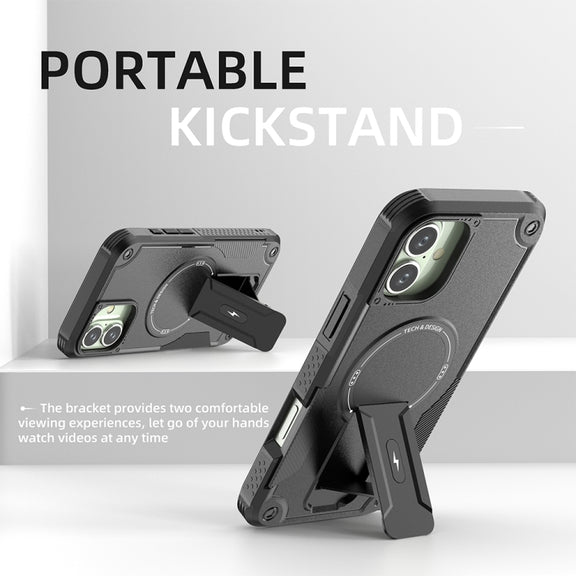 For iPhone 16 Plus Armor Magsafe Holder PC Hybrid TPU Phone Case(Black)