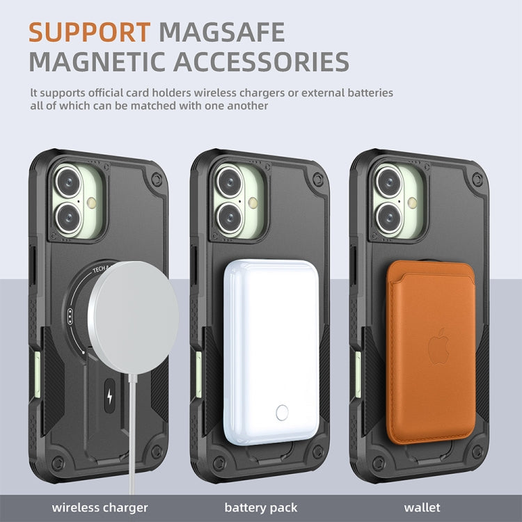 For iPhone 16 Plus Armor Magsafe Holder PC Hybrid TPU Phone Case(Black)