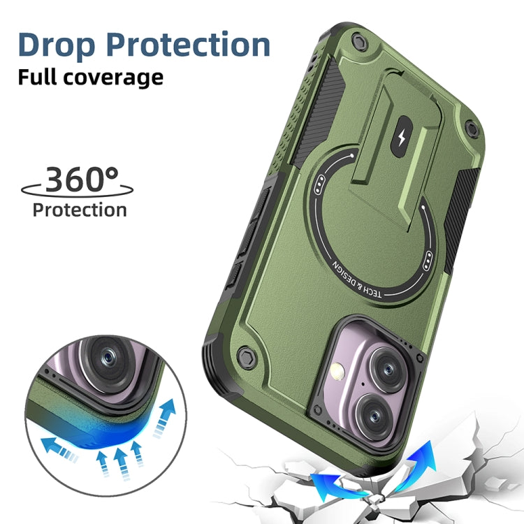 For iPhone 16 Armor Magsafe Holder PC Hybrid TPU Phone Case(Army Green)
