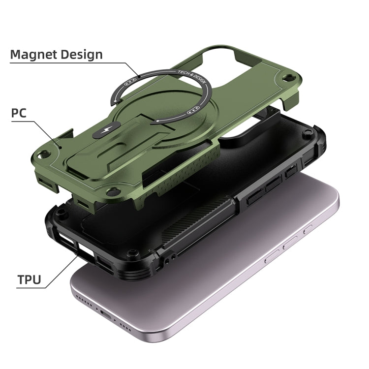 For iPhone 16 Armor Magsafe Holder PC Hybrid TPU Phone Case(Army Green)