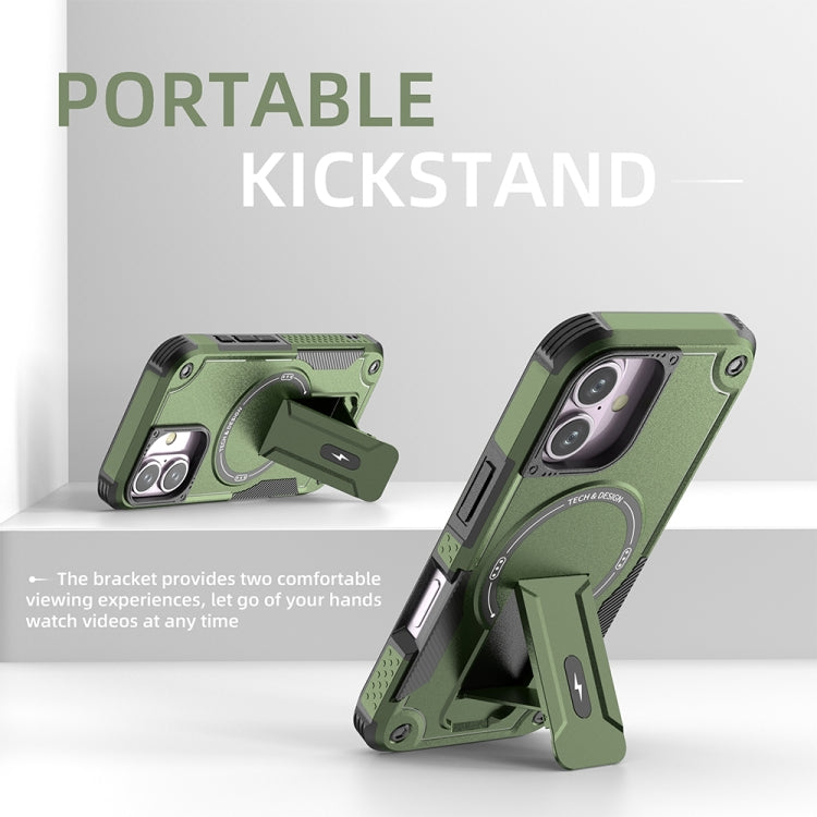 For iPhone 16 Armor Magsafe Holder PC Hybrid TPU Phone Case(Army Green)