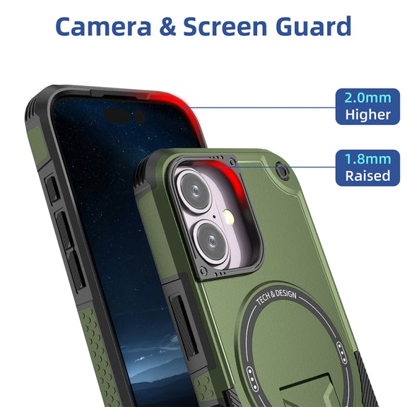 For iPhone 16 Armor Magsafe Holder PC Hybrid TPU Phone Case(Army Green)