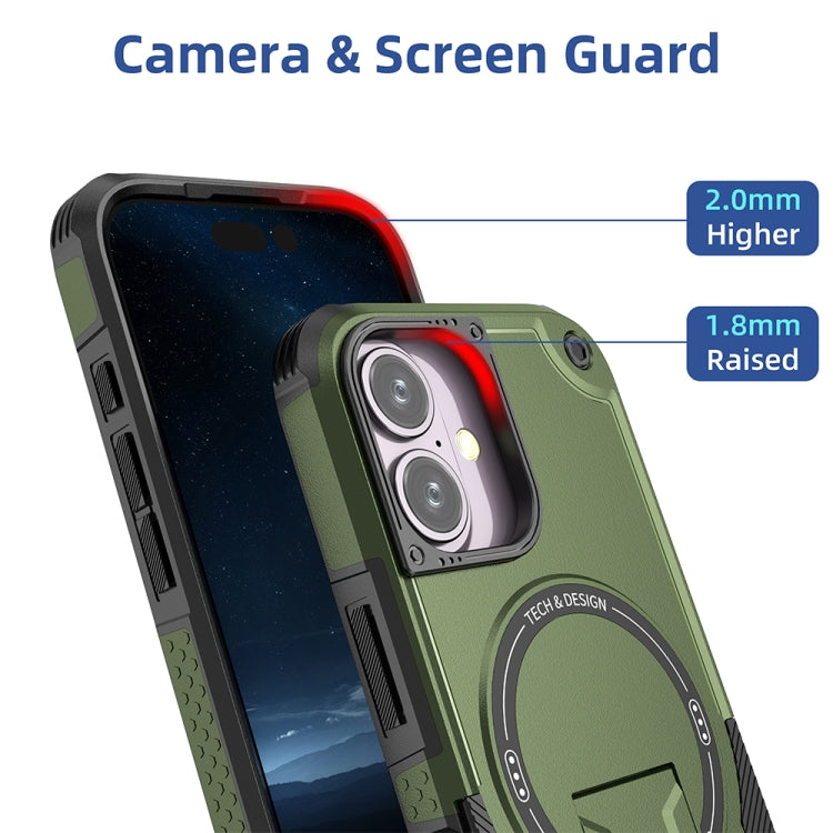 For iPhone 16 Armor Magsafe Holder PC Hybrid TPU Phone Case(Army Green)