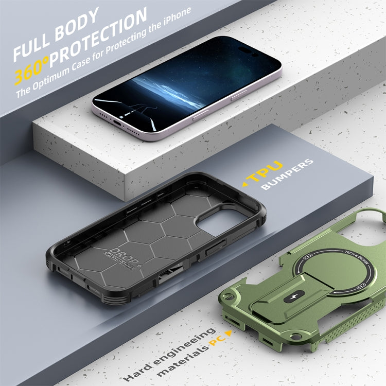 For iPhone 16 Armor Magsafe Holder PC Hybrid TPU Phone Case(Army Green)