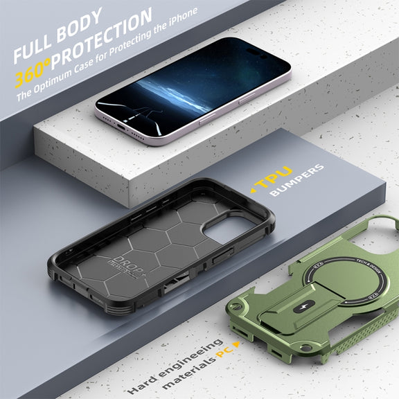 For iPhone 16 Armor Magsafe Holder PC Hybrid TPU Phone Case(Army Green)