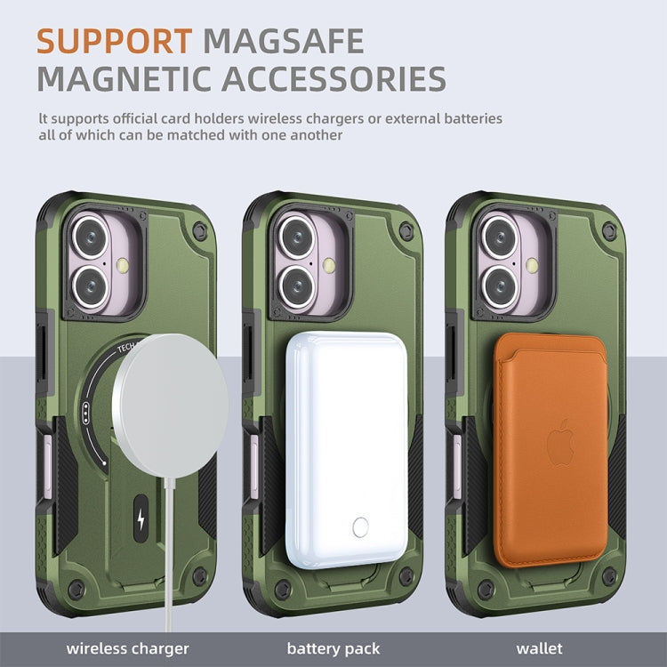 For iPhone 16 Armor Magsafe Holder PC Hybrid TPU Phone Case(Army Green)