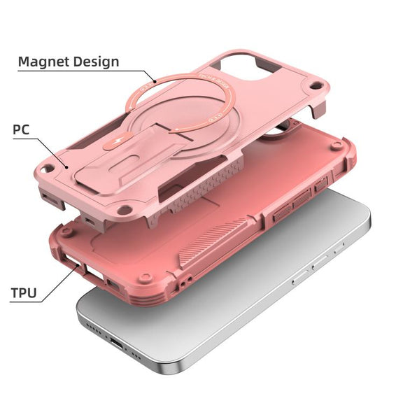 For iPhone 16e Armor Magsafe Holder PC Hybrid TPU Phone Case(Pink)