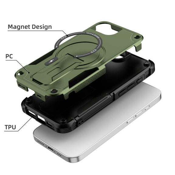 For iPhone 16e Armor Magsafe Holder PC Hybrid TPU Phone Case(Army Green)