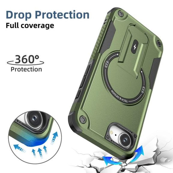 For iPhone 16e Armor Magsafe Holder PC Hybrid TPU Phone Case(Army Green)