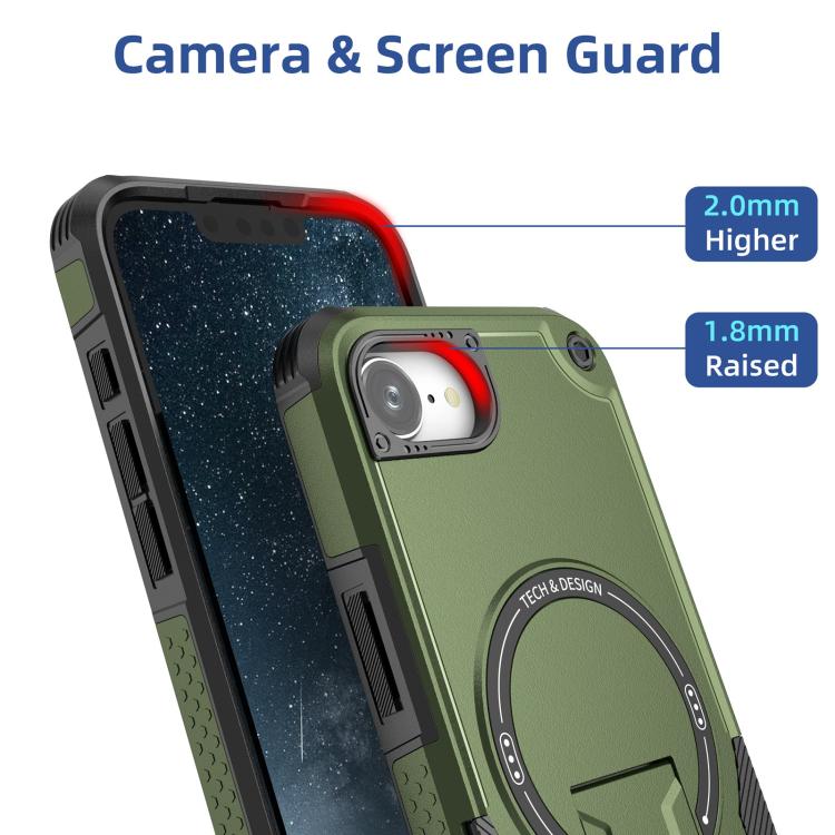 For iPhone 16e Armor Magsafe Holder PC Hybrid TPU Phone Case(Army Green)